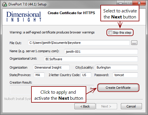 The Create Certificate for HTTPS dialog box.